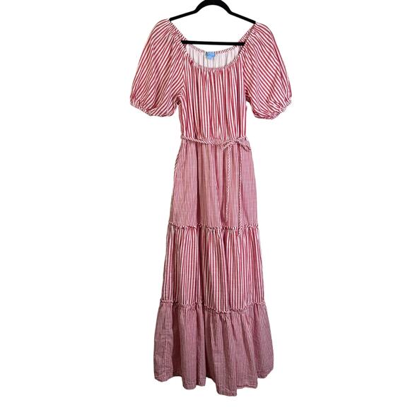 DRAPER JAMES Dress Medium Striped Off Shoulder Tiered Prairie Maxi Puff Sleeve - Picture 2 of 14